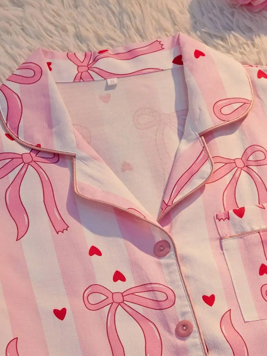 Women Pink Striped Heart Bow Print Button Front Short Sleeve Pajama Top With Pocket
Women Pink Striped Heart Bow Print Button Front Short Sleeve Pajama Top With Pocket