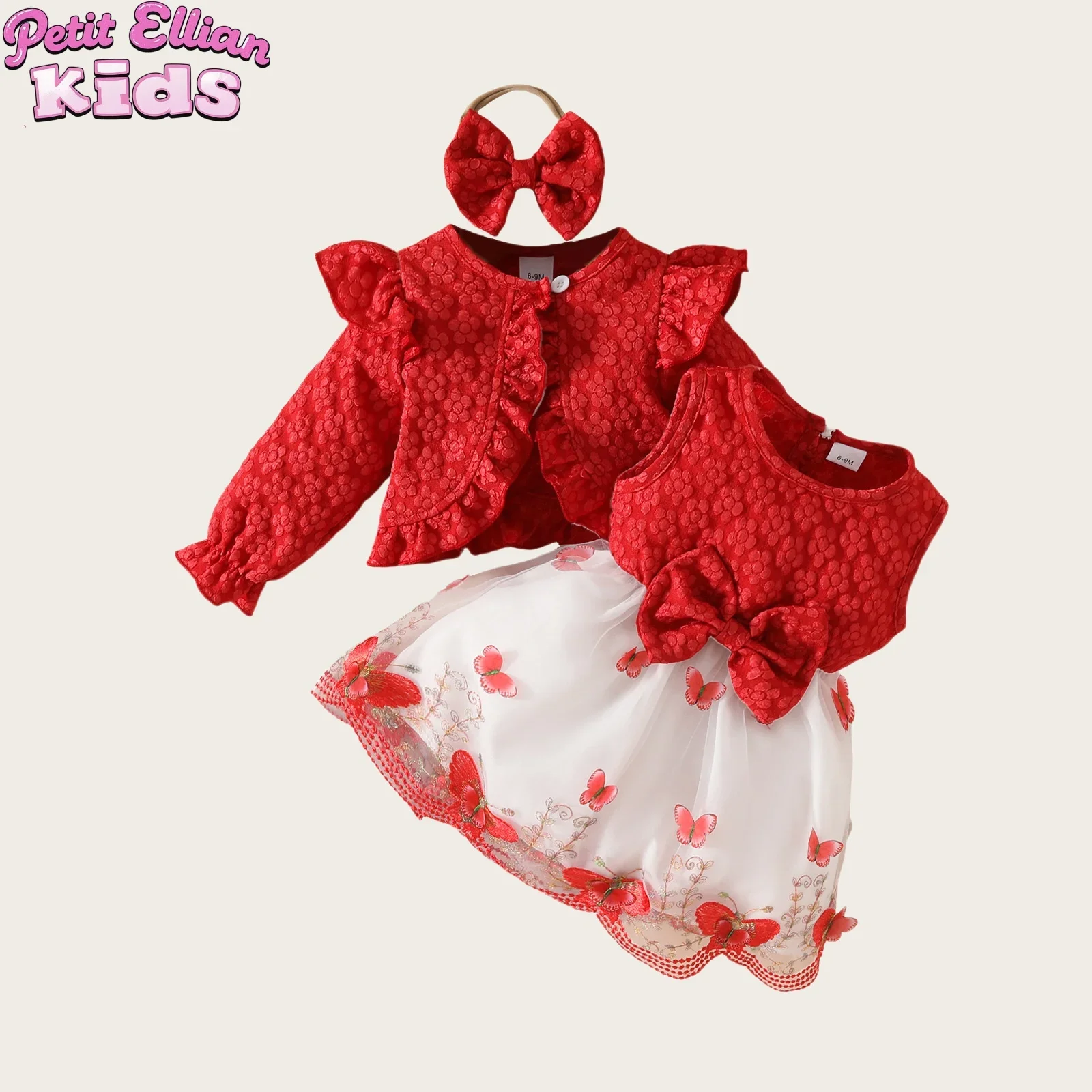 Adorable Baby Girls Stylish and Sweet Ruffled Coat and 3D Butterfly Mesh Patchwork Sleeveless Dress and Matching Hairband Set
Adorable Baby Girls Stylish and Sweet Ruffled Coat and 3D Butterfly Mesh Patchwork Sleeveless Dress and Matching Hairband Set