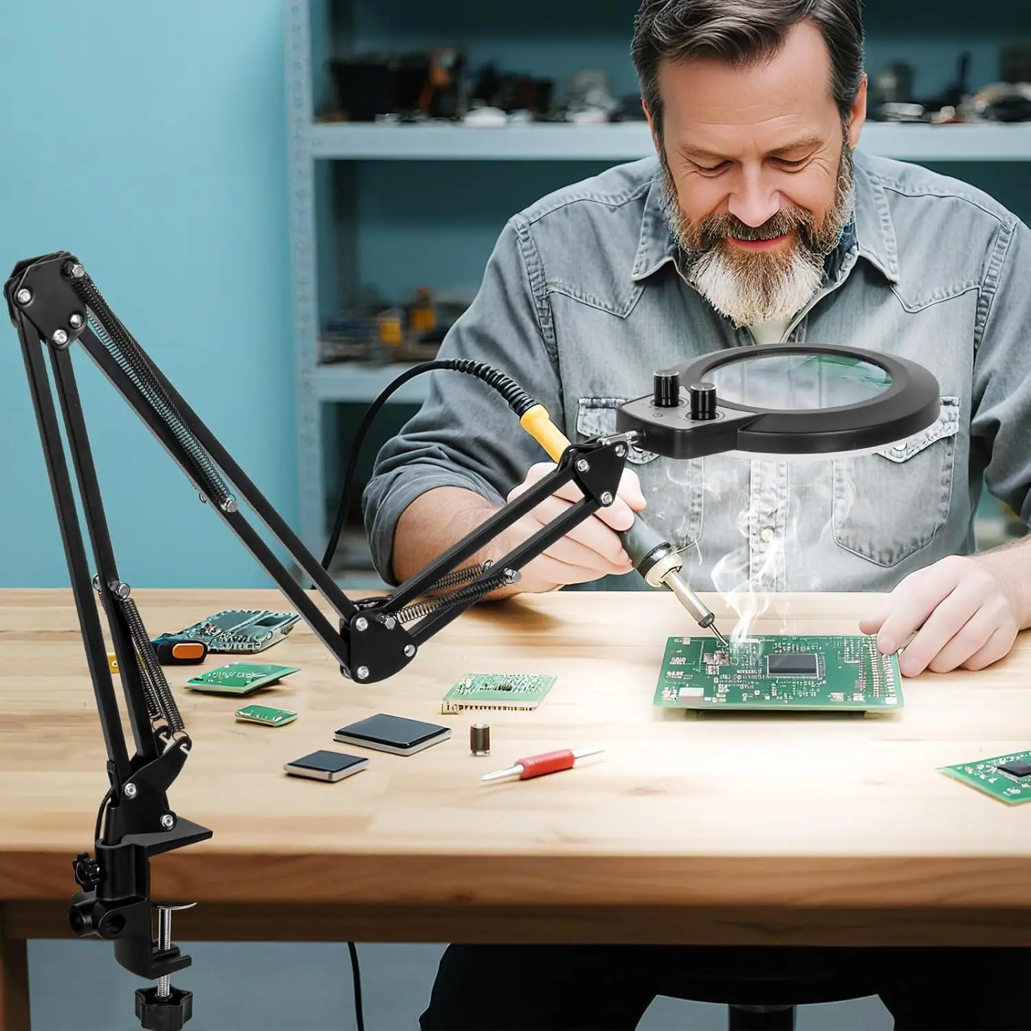 12X Magnifying Lamp with LED Light and Clamp, Extra-Long Arm for Craft Repair Sewing, Stepless Dimming Real Glass Lens