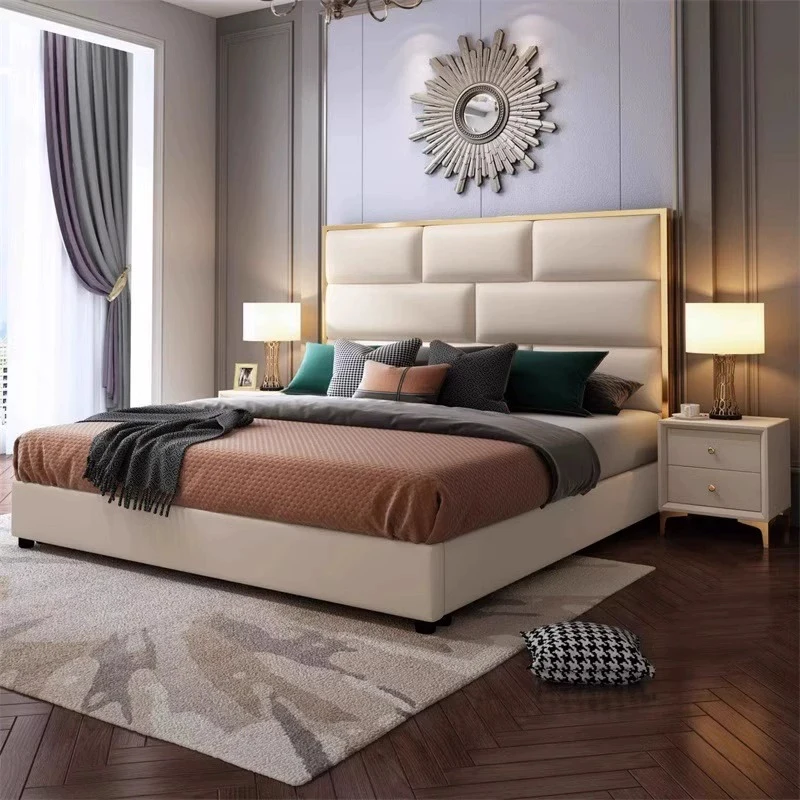 Modern schlafzimmer möbel luxus goldene edelstahl leder königin doppelbett King größe weichen bett
Modern schlafzimmer möbel luxus goldene edelstahl leder königin doppelbett King größe weichen bett