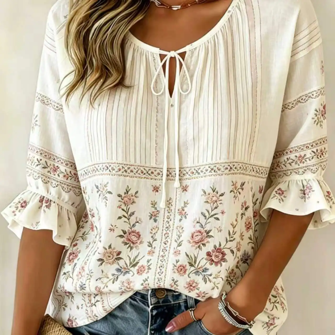 Boho Floral Print Blouse Women Flare Sleeve Tie Neck Pleated Casual Loose Tunic Shirt Vintage Female Summer Daily Wear
Boho Floral Print Blouse Women Flare Sleeve Tie Neck Pleated Casual Loose Tunic Shirt Vintage Female Summer Daily Wear