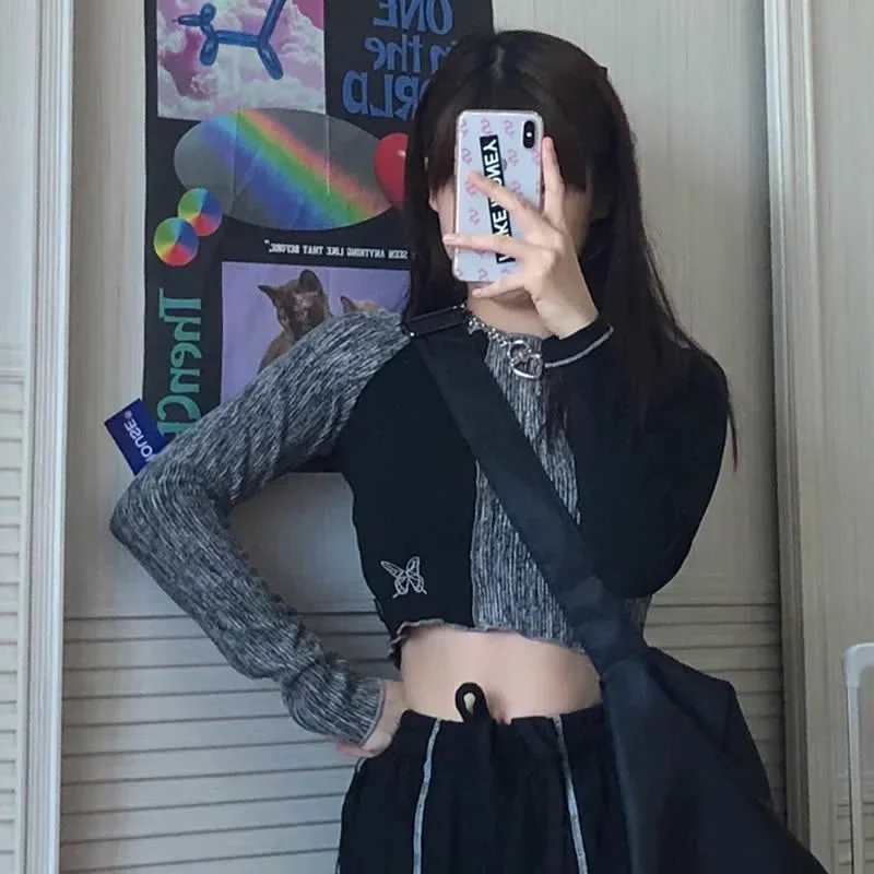 Butterfly Embroidery Harajuku Korea Y2k Off-shoulder Top Gothic T-shirt Top Torticollis Stitching Short Long-sleeved Women's
Butterfly Embroidery Harajuku Korea Y2k Off-shoulder Top Gothic T-shirt Top Torticollis Stitching Short Long-sleeved Women's