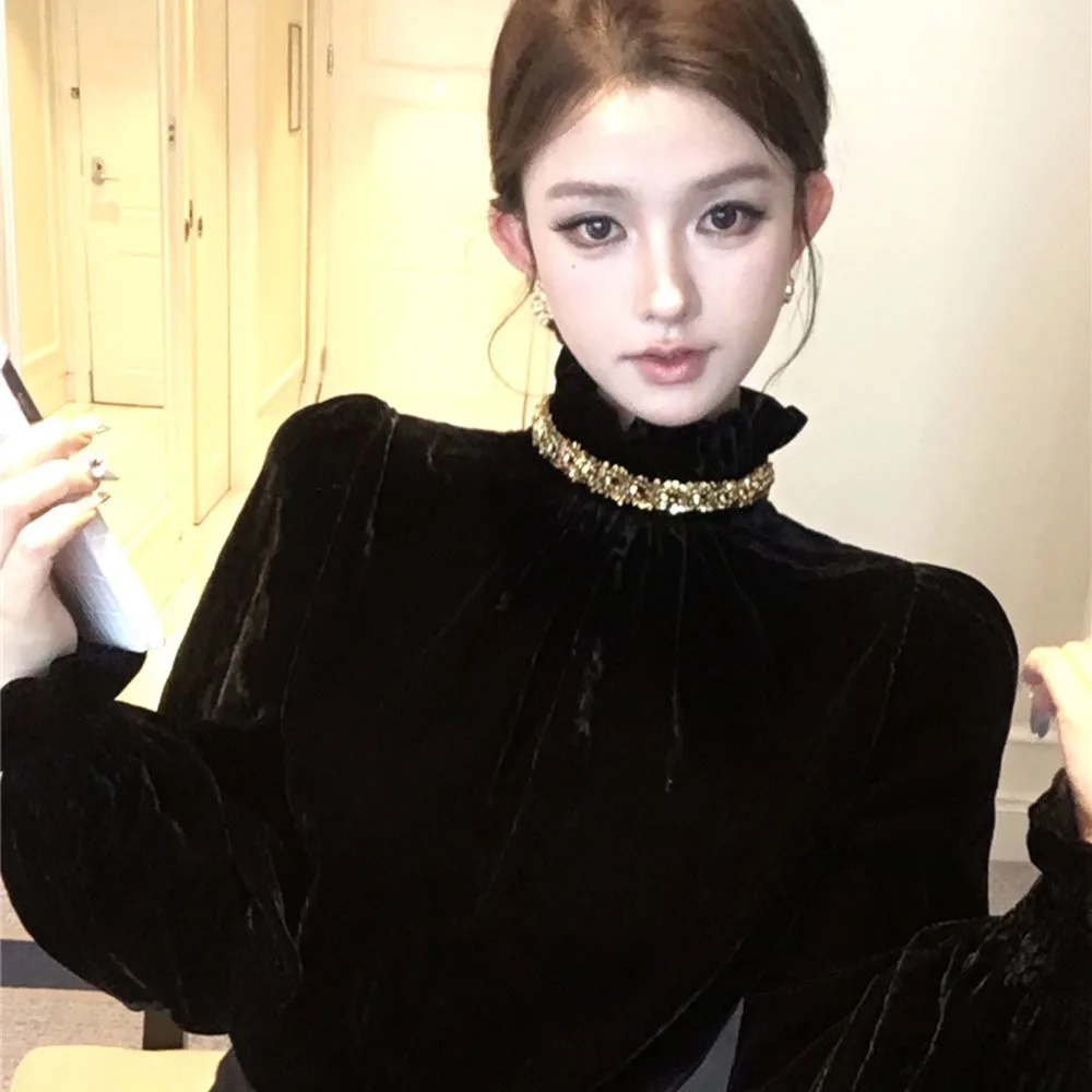 2025 Spring Velvet Woman Shirts & Blouses Stand Collar Beads Long Sleeve Camisas Women Clothing Velvet Blusas Mujer Ropa Mujer
2025 Spring Velvet Woman Shirts & Blouses Stand Collar Beads Long Sleeve Camisas Women Clothing Velvet Blusas Mujer Ropa Mujer