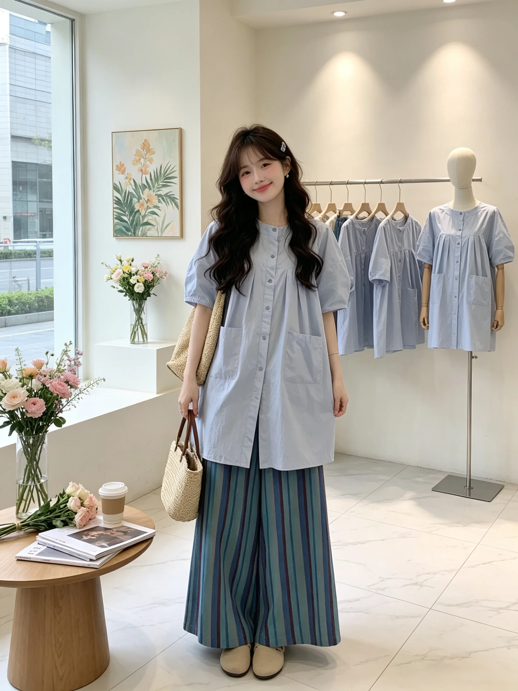 Summer Korean Style Shirt Dress Set Loose Short Sleeve Striped Wide Leg Pants Women's Two Piece Casual Fashion Outfit
Summer Korean Style Shirt Dress Set Loose Short Sleeve Striped Wide Leg Pants Women's Two Piece Casual Fashion Outfit