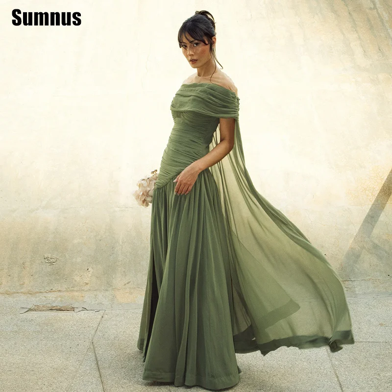 Sumnus Elegant Green A-Line Prom Dresses Chiffon Pleat Off Shoulder Floor Length Formal Evening Dress Vestidos Customized
Sumnus Elegant Green A-Line Prom Dresses Chiffon Pleat Off Shoulder Floor Length Formal Evening Dress Vestidos Customized
