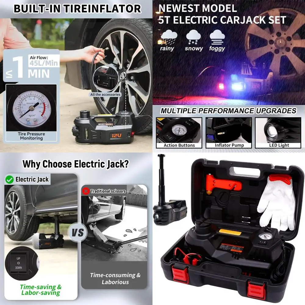 12V 5-Ton Portable Electric Hydraulic Car Jack Kit for SUV, Sedan, and Trucks - 17.7 Lift Range with LED Light
12V 5-Ton Portable Electric Hydraulic Car Jack Kit for SUV, Sedan, and Trucks - 17.7 Lift Range with LED Light
