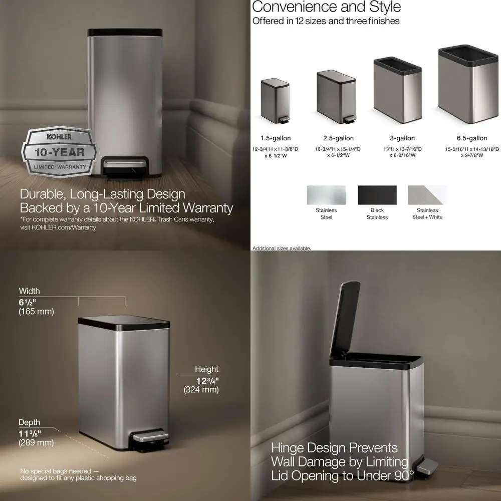 1.6 Gallon Stainless Steel Hands-Free Pedal Trash Can with Quiet-Close Lid
1.6 Gallon Stainless Steel Hands-Free Pedal Trash Can with Quiet-Close Lid