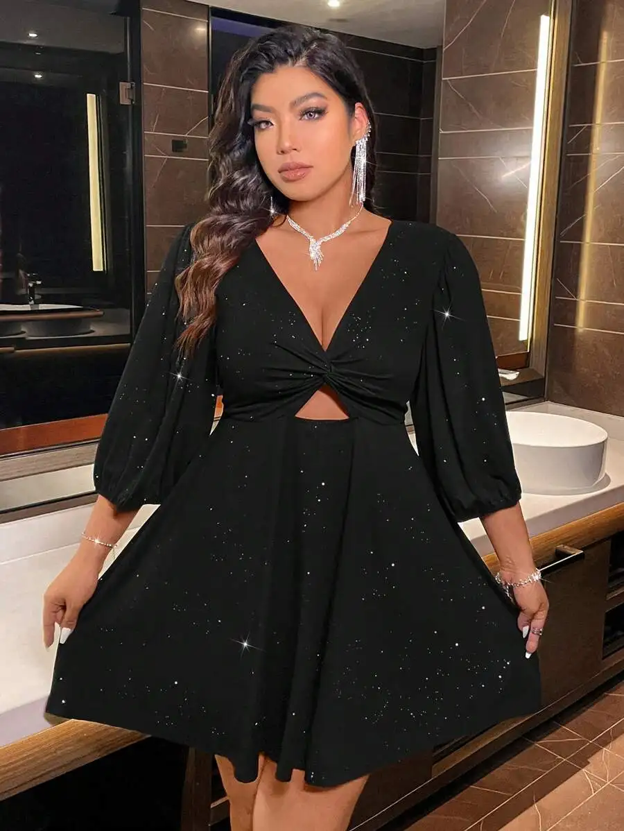 Elegant Black Plus Size Mini Dress Featuring V-Neck, Puffed Sleeves, Twist Knot Waist, And Sparkle Embellishments For Casual
Elegant Black Plus Size Mini Dress Featuring V-Neck, Puffed Sleeves, Twist Knot Waist, And Sparkle Embellishments For Casual