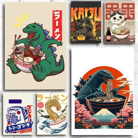 1PC Dinosaur Ramen Ins Popular Style poster Self-adhesive Art Waterproof Paper Sticker Coffee House Bar Room Wall Decor