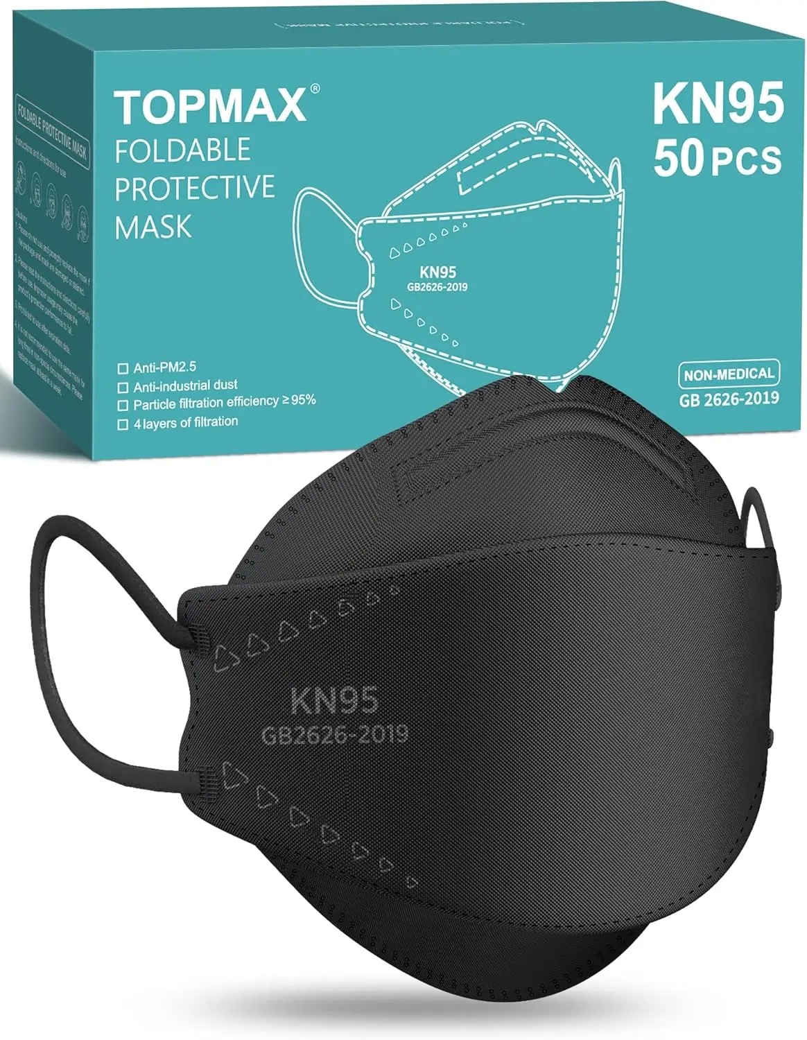 50 Pack KN95 Face Masks for Adults, Breathable Comfortable with Elastic Ear Loops, Filter Efficiency ≥95%, Black
50 Pack KN95 Face Masks for Adults, Breathable Comfortable with Elastic Ear Loops, Filter Efficiency ≥95%, Black