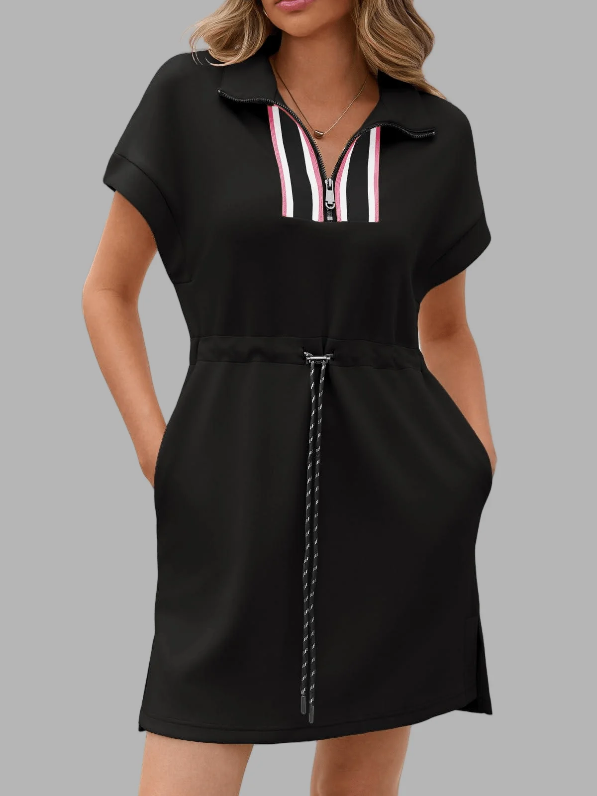 Womens Summer Casual Mini Sweatshirt Dress Short Sleeve Quarter Zip V Neck Drawstring Waist
Womens Summer Casual Mini Sweatshirt Dress Short Sleeve Quarter Zip V Neck Drawstring Waist