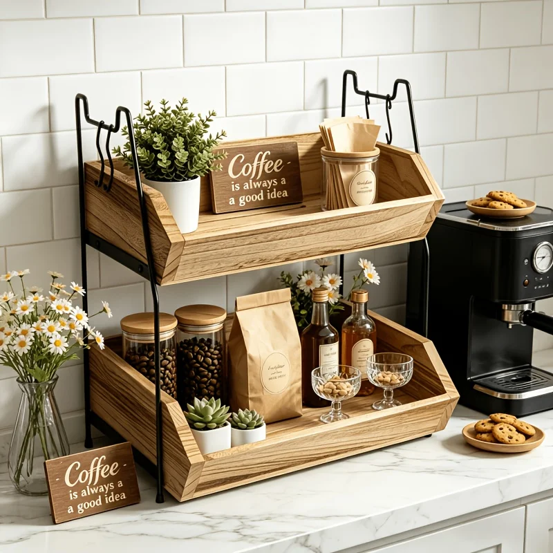 IDUK Countertop Coffee Station Organizer,2 Tier Wooden Shelf for Coffee Bar Accessories,Condiment Storage Caddy for Kitchen,Home
IDUK Countertop Coffee Station Organizer,2 Tier Wooden Shelf for Coffee Bar Accessories,Condiment Storage Caddy for Kitchen,Home