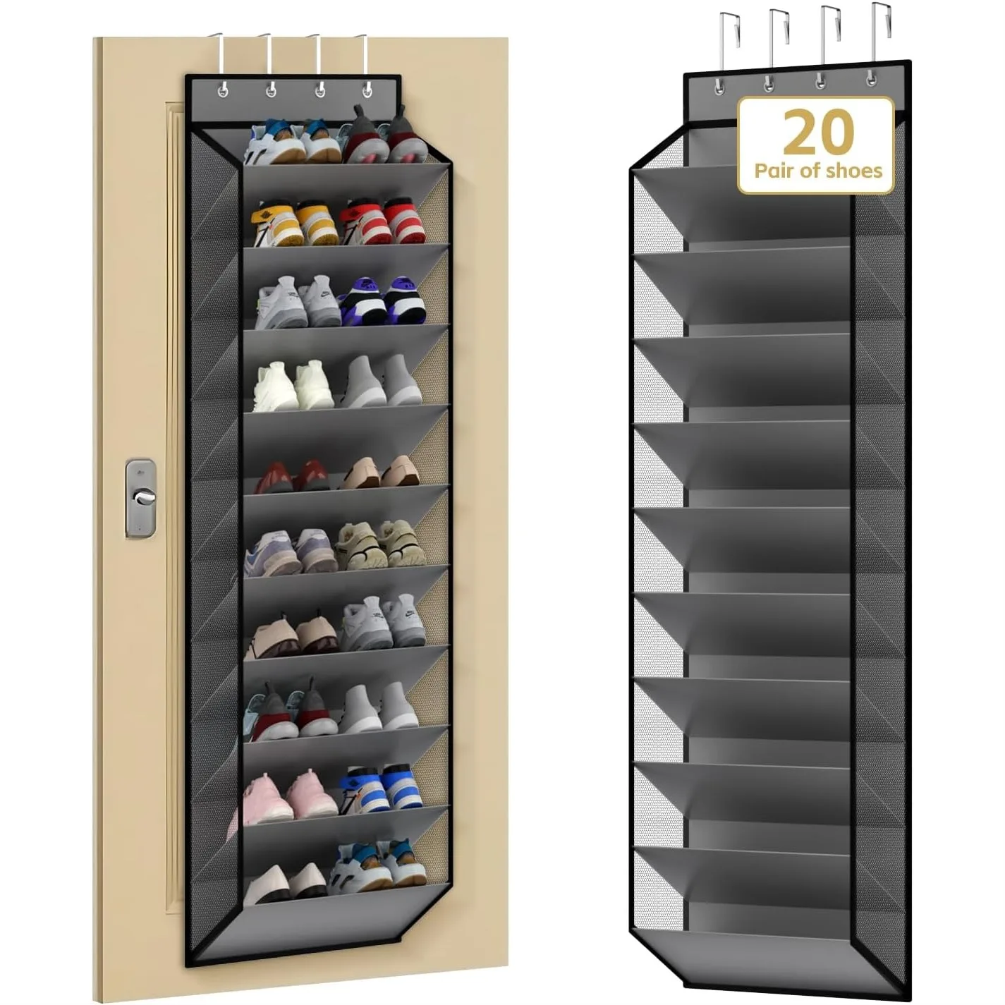 10 Tiers Mesh Over Door Shoe Organizer, Hanging Shoe Holder with Large Deep Pockets, Holds 20-30 Pairs for Sneakers & Boots
10 Tiers Mesh Over Door Shoe Organizer, Hanging Shoe Holder with Large Deep Pockets, Holds 20-30 Pairs for Sneakers & Boots