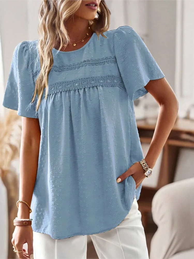 2025 Women's Solid Color Tops Round Neck Lace Trim Short Sleeve Loose Fit Top Temperament Commuting Casual Pullover Summer
2025 Women's Solid Color Tops Round Neck Lace Trim Short Sleeve Loose Fit Top Temperament Commuting Casual Pullover Summer