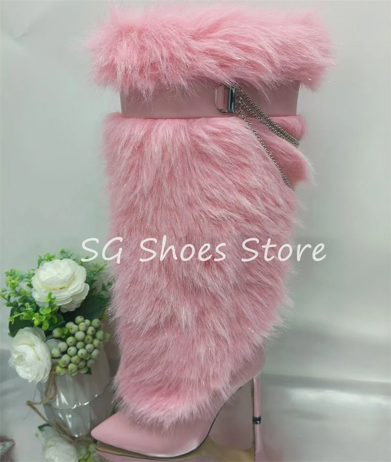 Winter Warm Faux Fur Women Knee High Boots Fashion Pointed Toe High Heel Metal Chain Decor Long Boots Ladies Party Dress Shoes
Winter Warm Faux Fur Women Knee High Boots Fashion Pointed Toe High Heel Metal Chain Decor Long Boots Ladies Party Dress Shoes