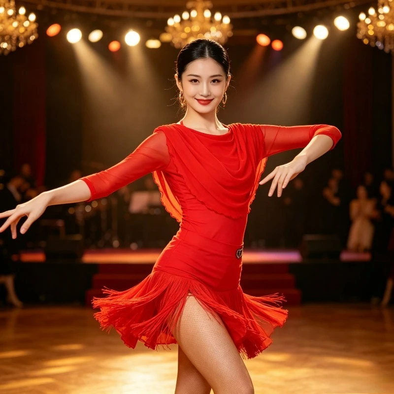 Women Mesh Ruffle Tassel Latin Dance Top Slim Fit Short Sleeve Shirt Cha Cha Tango Samba Modern Dance Stage Performance Costume
Women Mesh Ruffle Tassel Latin Dance Top Slim Fit Short Sleeve Shirt Cha Cha Tango Samba Modern Dance Stage Performance Costume