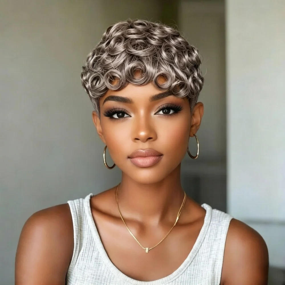 Short Pixie Cut Loose Curly Gray Human Hair Wig for Women Full Machine Made Stylish Silver Grey Synthetic Hair Topper
Short Pixie Cut Loose Curly Gray Human Hair Wig for Women Full Machine Made Stylish Silver Grey Synthetic Hair Topper