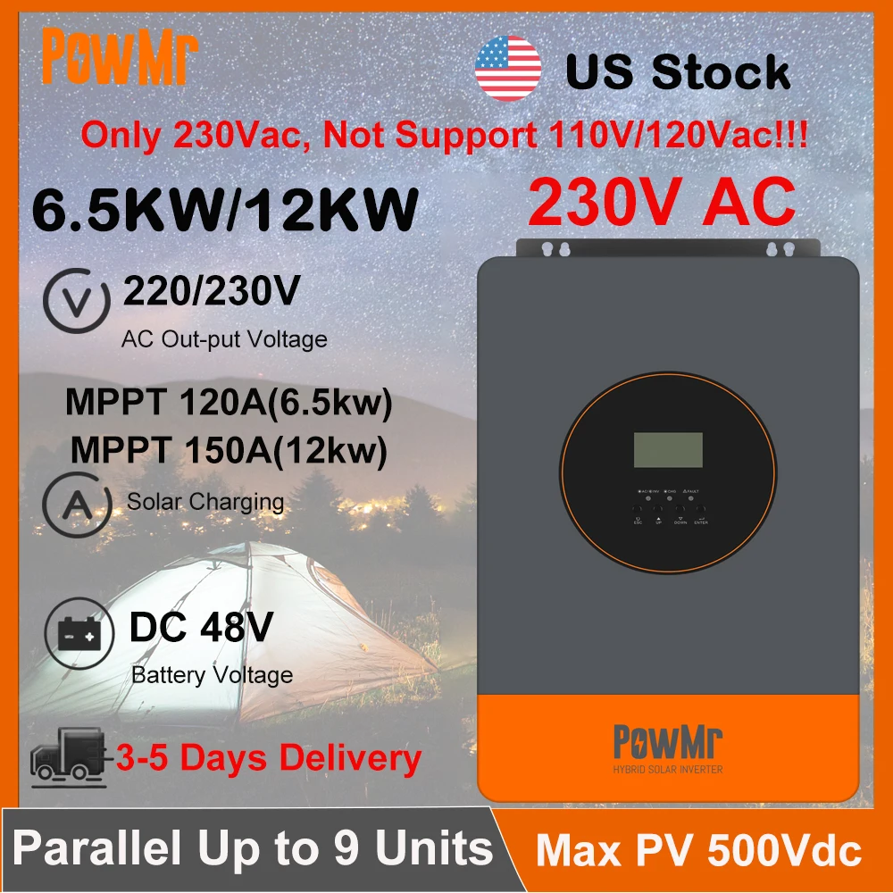 US Stock 6.5KW 12KW Solar Inverter DC 48V to 230V AC 120A/150A MPPT Solar Charger Off-Grid Inversor Fit Lithium Battery Max PV 500Vdc Use for Home
US Stock 6.5KW 12KW Solar Inverter DC 48V to 230V AC 120A/150A MPPT Solar Charger Off-Grid Inversor Fit Lithium Battery Max PV 500Vdc Use for Home