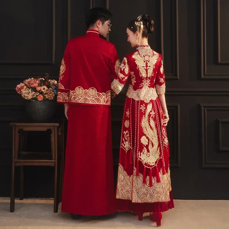 Xiuhe Retro Chinese Wedding Dress Embroidery Traditional Cheongsam Vintage Red Formal Qipao Women Man Oriental Style Plus Size
Xiuhe Retro Chinese Wedding Dress Embroidery Traditional Cheongsam Vintage Red Formal Qipao Women Man Oriental Style Plus Size