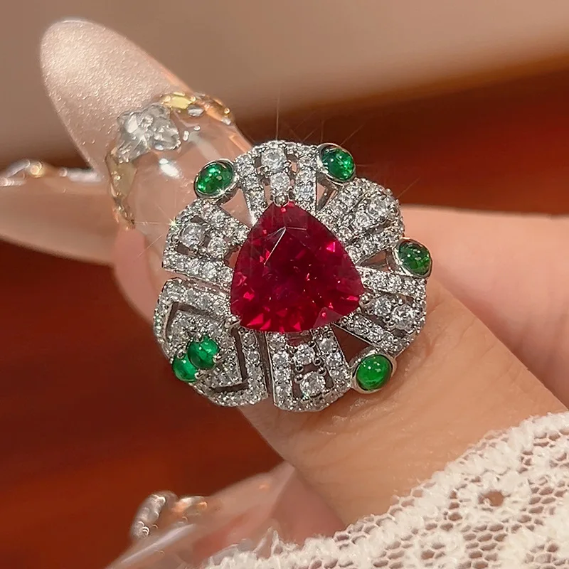 Adjustable Ring with Triangular Cut Red Green Gemstones Vintage Inspired Design Sparkling CZ Accents Women's Statement Jewelry
Adjustable Ring with Triangular Cut Red Green Gemstones Vintage Inspired Design Sparkling CZ Accents Women's Statement Jewelry