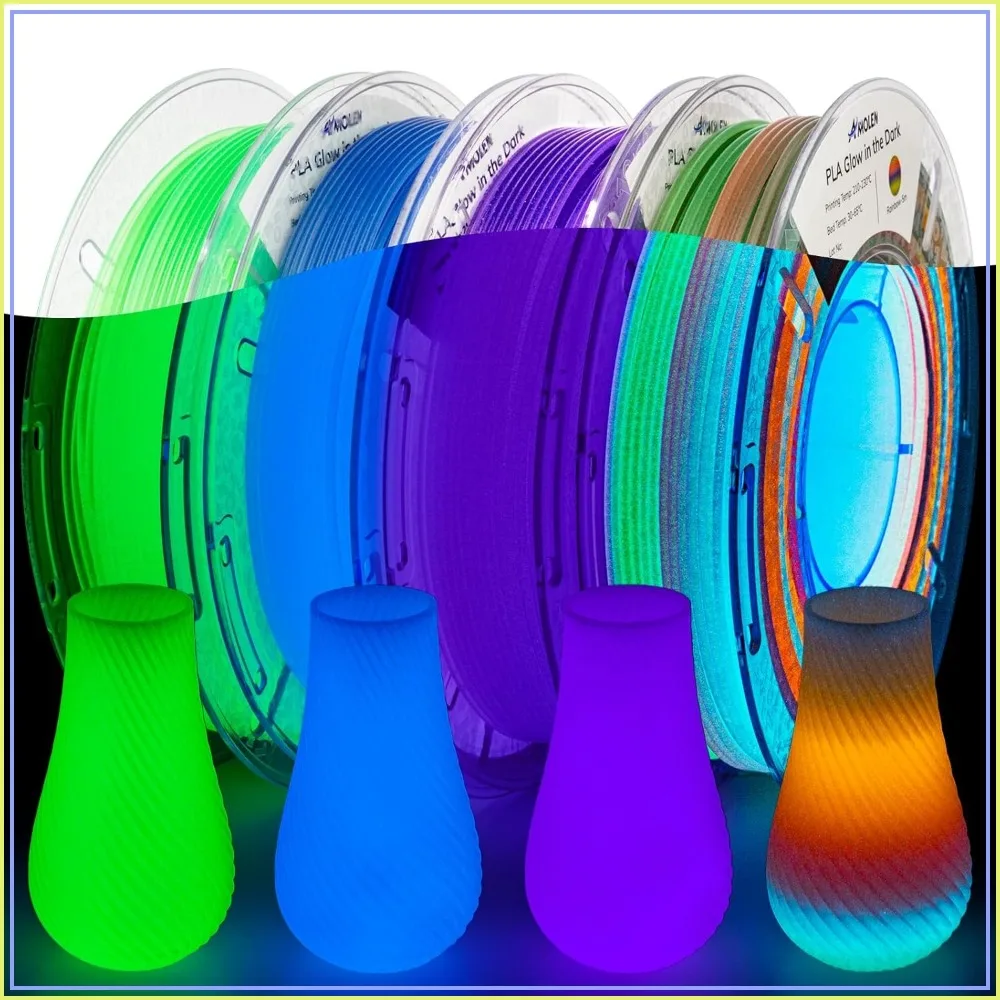 Glow in The Dark 3D Printer Filament Bundle, Rainbow Multicolor 5m, 1.75mm PLA, 4 Pack 200g
Glow in The Dark 3D Printer Filament Bundle, Rainbow Multicolor 5m, 1.75mm PLA, 4 Pack 200g