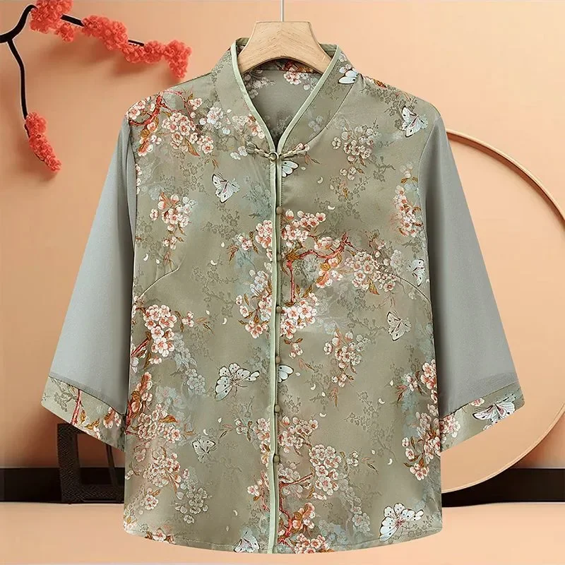 Women Chinese Style Floral Butterfly Print Three Quarter Sleeve Blouse Summer Elegant Chiffon Top For Middle Aged Mom
Women Chinese Style Floral Butterfly Print Three Quarter Sleeve Blouse Summer Elegant Chiffon Top For Middle Aged Mom