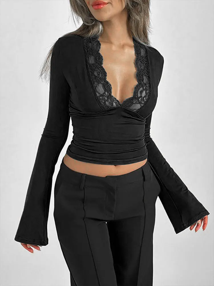 Women New T-shirt Spring Streetwear Fashion Long Sleeves Casual Slim Tees Black Sexy Lace Deep V-neck Elegant Lady Tees Clothing
Women New T-shirt Spring Streetwear Fashion Long Sleeves Casual Slim Tees Black Sexy Lace Deep V-neck Elegant Lady Tees Clothing
