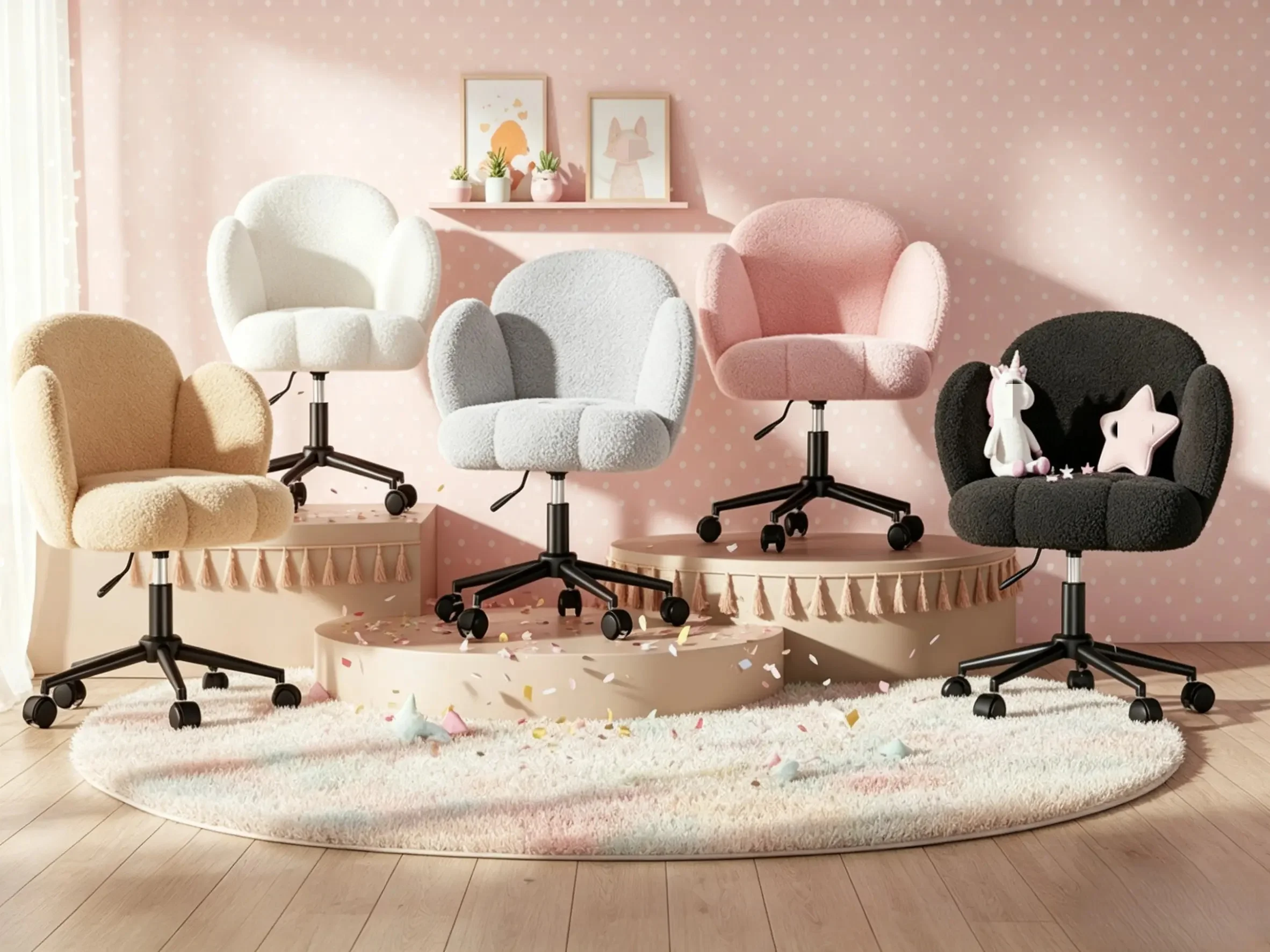 EnHomee Petal Vanity Chair with Wheels, Aesthetic Height Adjustable 360°Swivel Desk Chair, 3.5" Thick Comfy Backrest Task Chair for Bedroom Living Room
EnHomee Petal Vanity Chair with Wheels, Aesthetic Height Adjustable 360°Swivel Desk Chair, 3.5" Thick Comfy Backrest Task Chair for Bedroom Living Room