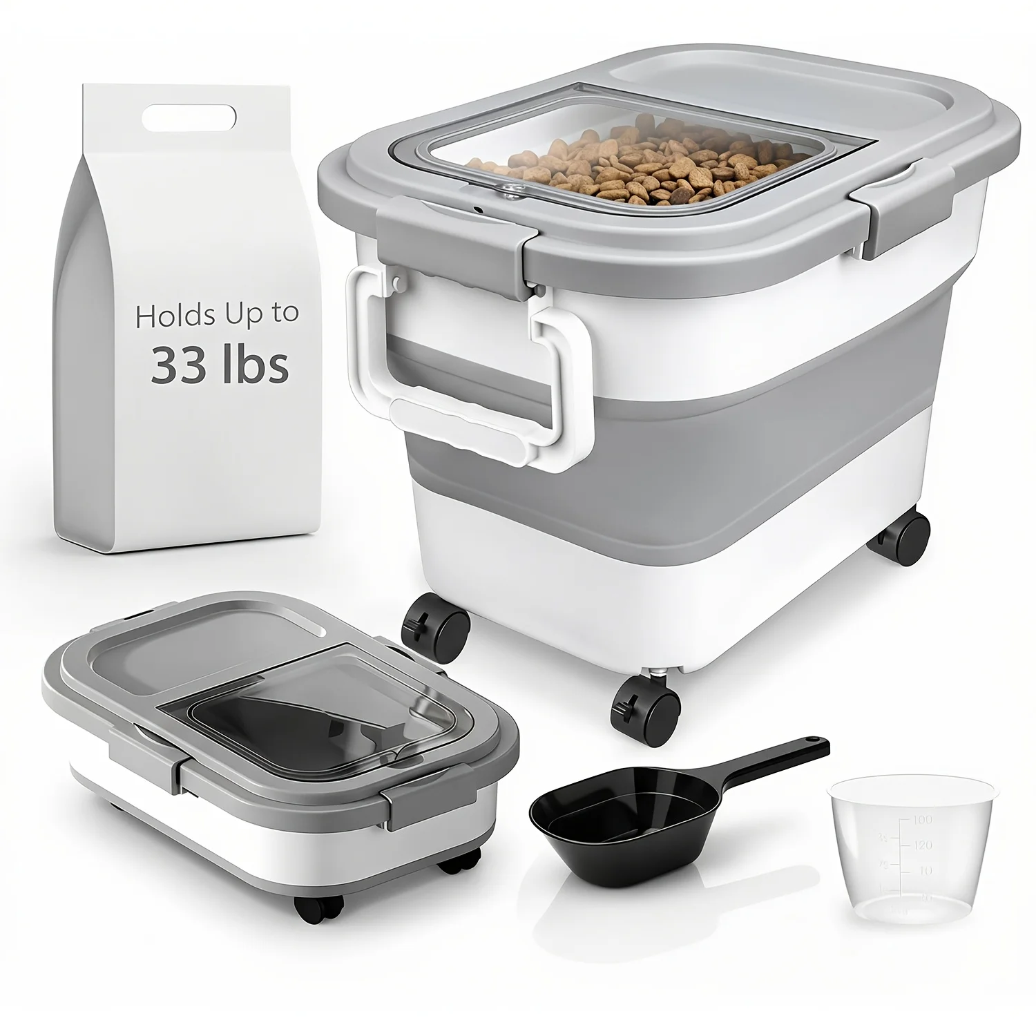 33Lbs Collapsible Pet Food Storage Container with Airtight Lid, Dog Food Storage Container with Measuring Scoop And Cup, Wheels & Handle for Easy Moving, Keep Dry Food Fresh
33Lbs Collapsible Pet Food Storage Container with Airtight Lid, Dog Food Storage Container with Measuring Scoop And Cup, Wheels & Handle for Easy Moving, Keep Dry Food Fresh