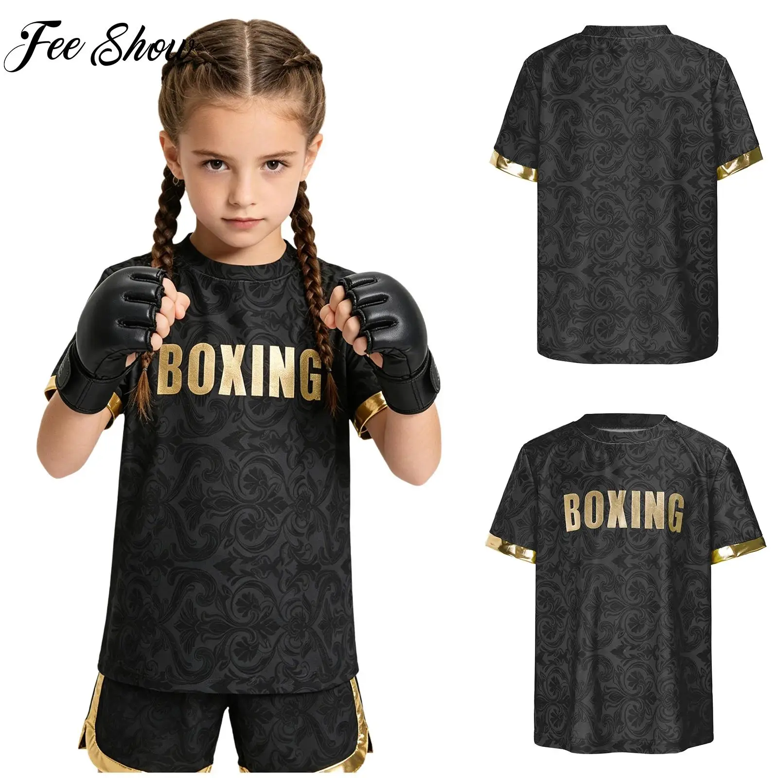 Kids Boys Girls Quick-drying Boxing Tops Round Neck Short Sleeve Metallic Cuffs Letter Floral Print T-shirt for Sports Training
Kids Boys Girls Quick-drying Boxing Tops Round Neck Short Sleeve Metallic Cuffs Letter Floral Print T-shirt for Sports Training