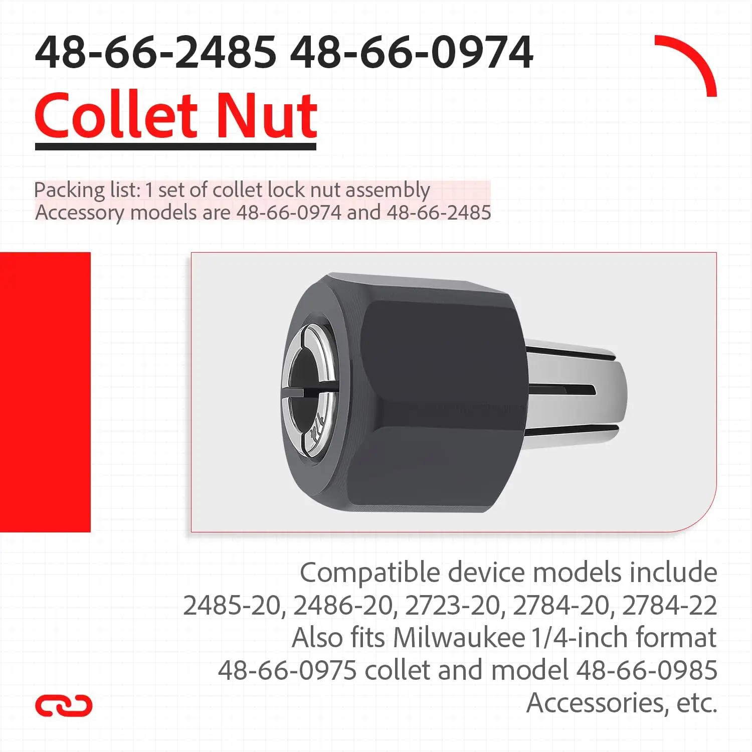 For Milwaukee 48-66-2486 Collet Kit, 1/8 Inch Collet for 2486-20 Chuck & Nut, Power Tool Accessory for Replacement
For Milwaukee 48-66-2486 Collet Kit, 1/8 Inch Collet for 2486-20 Chuck & Nut, Power Tool Accessory for Replacement