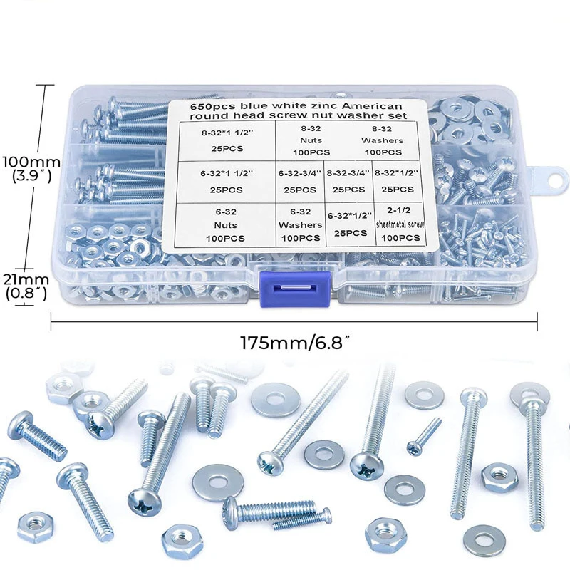 650pcs American Cross Pan Head Machine Screws Carbon Steel Blue White Zinc Bolts and Nuts Flat Washer Assortment Kit
650pcs American Cross Pan Head Machine Screws Carbon Steel Blue White Zinc Bolts and Nuts Flat Washer Assortment Kit