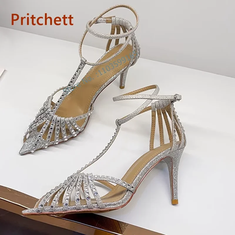 Pointed Toe Crystal Hollow Out Sandals Buckle Strap Narrow Band T-Strap Thin Heels Solid Silvery Shoes Summer Bling Party Shoes
Pointed Toe Crystal Hollow Out Sandals Buckle Strap Narrow Band T-Strap Thin Heels Solid Silvery Shoes Summer Bling Party Shoes