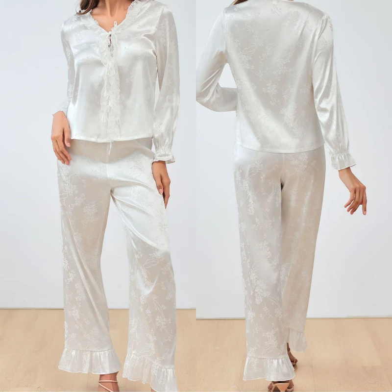 Krismile, французские жаккардовые пижамные комплекты для женщин, весна-осень 2024, кружевной топ с v-образным вырезом и оборками, прямые брюки, домашний костюм 
Krismile, французские жаккардовые пижамные комплекты для женщин, весна-осень 2024, кружевной топ с v-образным вырезом и оборками, прямые брюки, домашний костюм