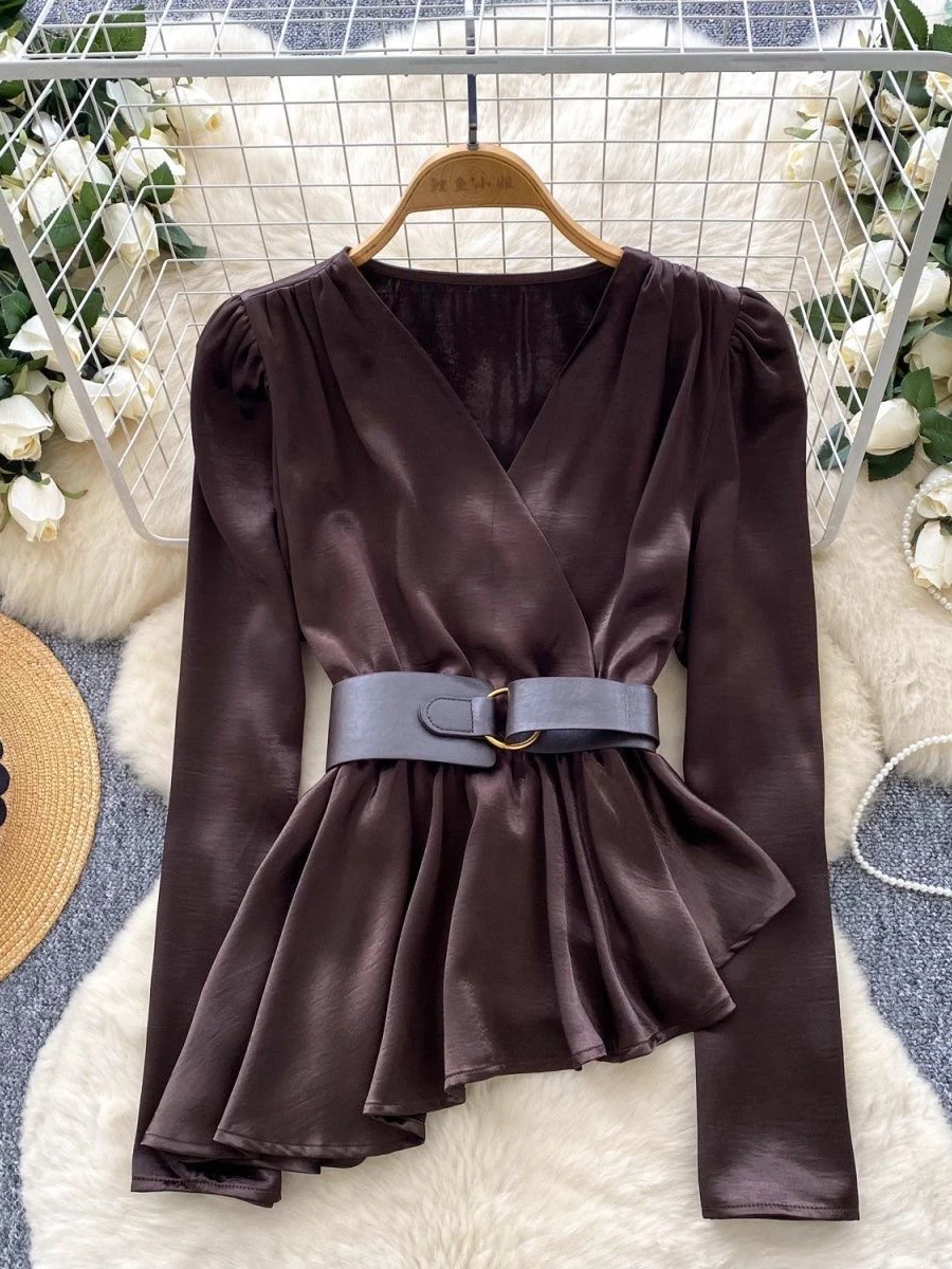 Korean Sle Slim Fit irt V Ne Long Sve Floral Satin Feel Belted Waist Tie Women's Faion Autumn 2025
Korean Sle Slim Fit irt V Ne Long Sve Floral Satin Feel Belted Waist Tie Women's Faion Autumn 2025