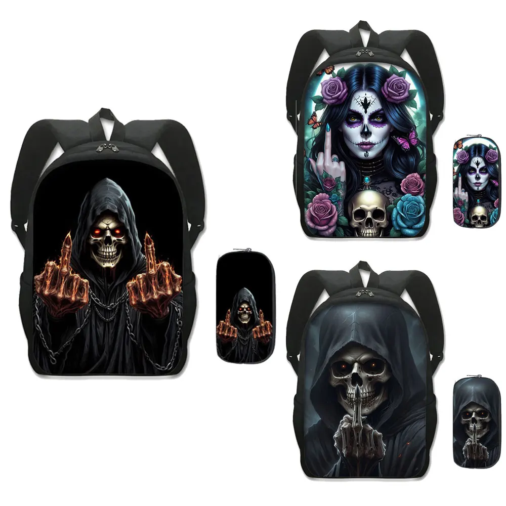 2pcs / Set Funny Grim Reaper Skull Middle Finger Pattern Backpack and Pencil Bag Rucksack School Bag Daypack Book Bag
2pcs / Set Funny Grim Reaper Skull Middle Finger Pattern Backpack and Pencil Bag Rucksack School Bag Daypack Book Bag