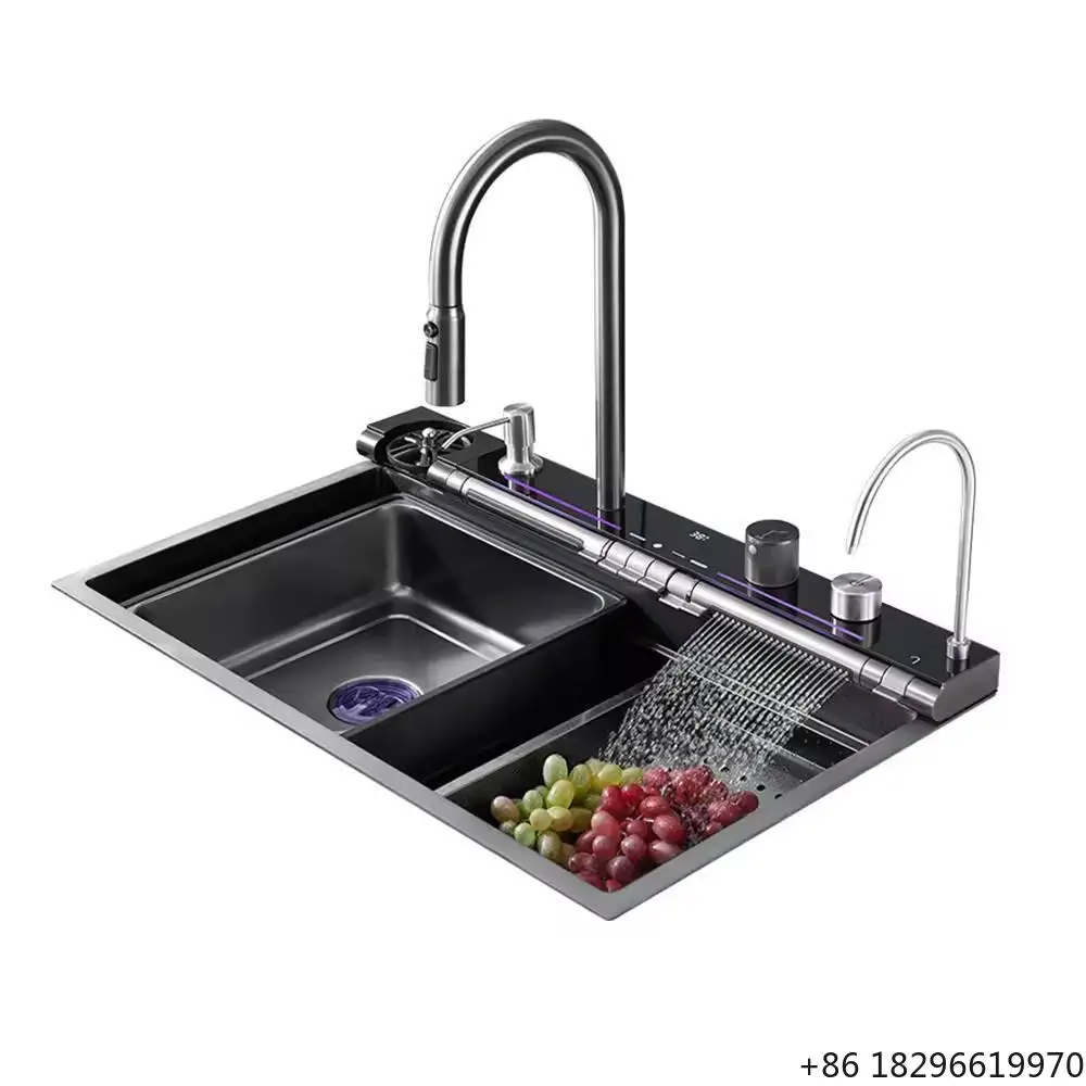 Single Bowl LED Digital Display Stainless Steel Kitchen Sink Anti-Scratch Waterfall Four Holes With Faucet
Single Bowl LED Digital Display Stainless Steel Kitchen Sink Anti-Scratch Waterfall Four Holes With Faucet