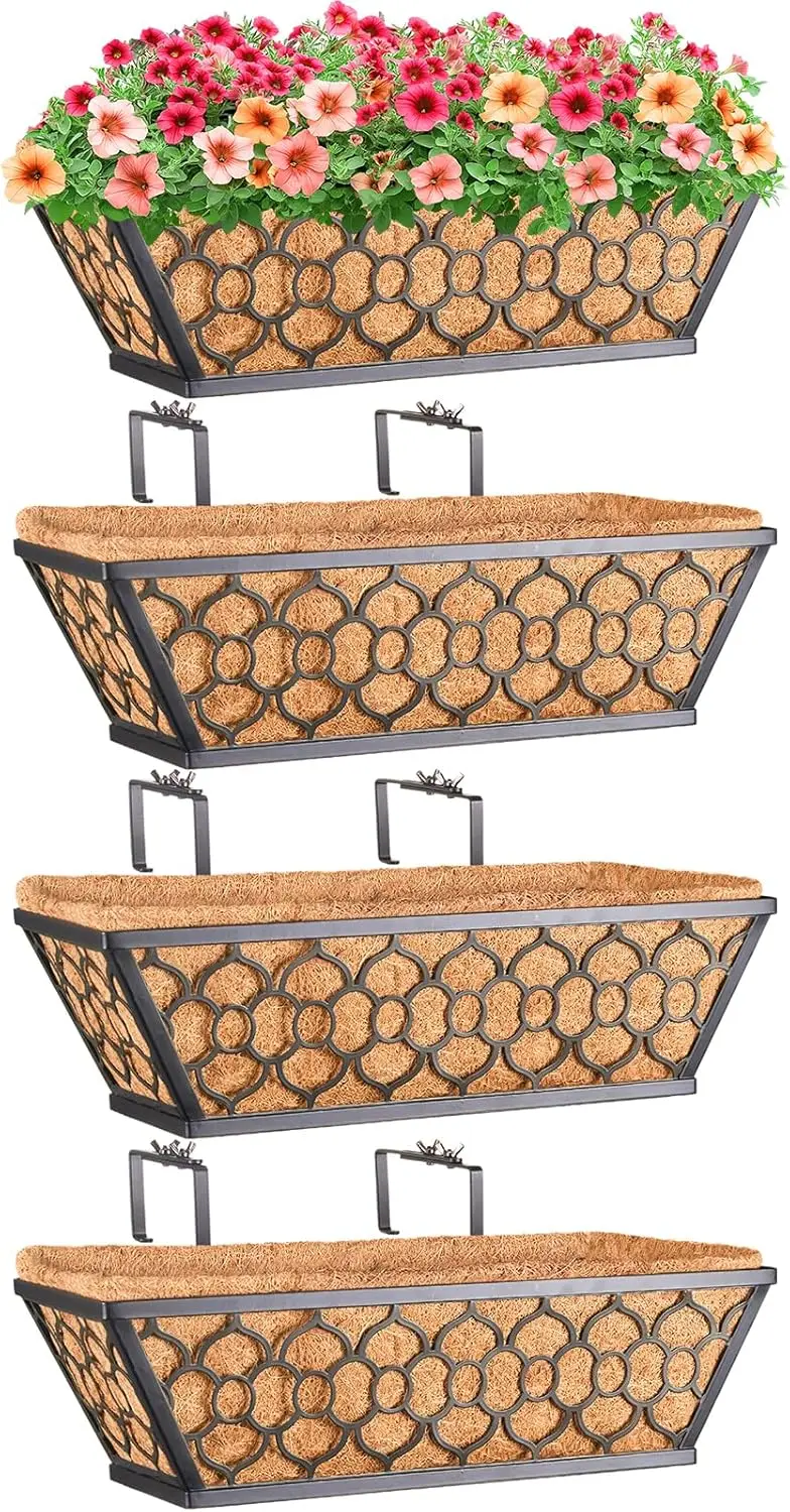 4 Pack 16 Inch Metal Railing Planter Boxes with Coco Liners for Balcony Porch Deck Fence
4 Pack 16 Inch Metal Railing Planter Boxes with Coco Liners for Balcony Porch Deck Fence
