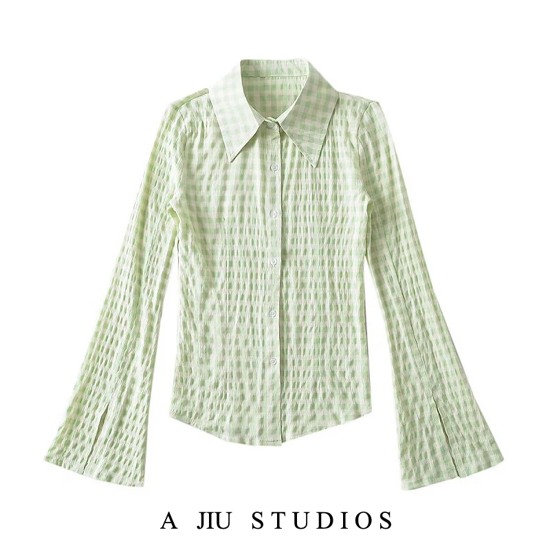 Slim Fit Plaid irt Women's Sweet Sle Long Sve Turn-down Collar Single Button Split Bell Sve irt Faionable Top
Slim Fit Plaid irt Women's Sweet Sle Long Sve Turn-down Collar Single Button Split Bell Sve irt Faionable Top