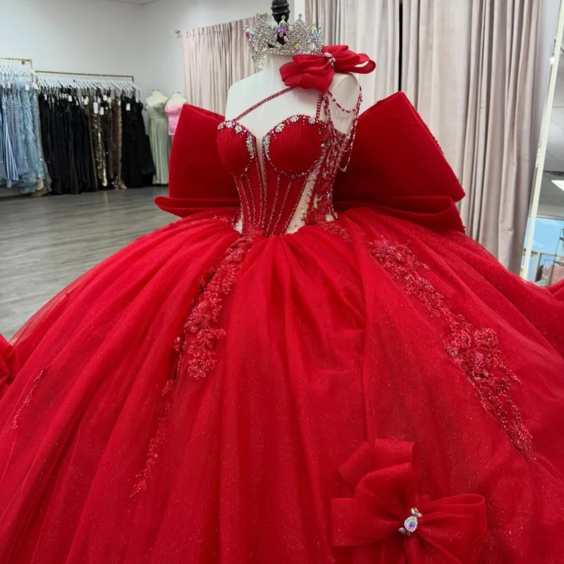 Red Quinceanera Dress off-shoulder Glitter Crystal 3D Flower Decal Long tail Bow vestidos de 15 Quinceanera Customize
Red Quinceanera Dress off-shoulder Glitter Crystal 3D Flower Decal Long tail Bow vestidos de 15 Quinceanera Customize