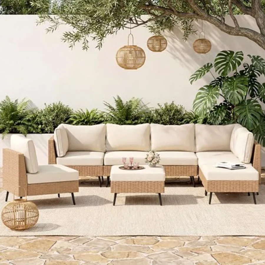 Outdoor patio furniture set for garden, poolside, backyard: PE rattan sectional sofa with thick cushions, all-weather gray fini
Outdoor patio furniture set for garden, poolside, backyard: PE rattan sectional sofa with thick cushions, all-weather gray fini