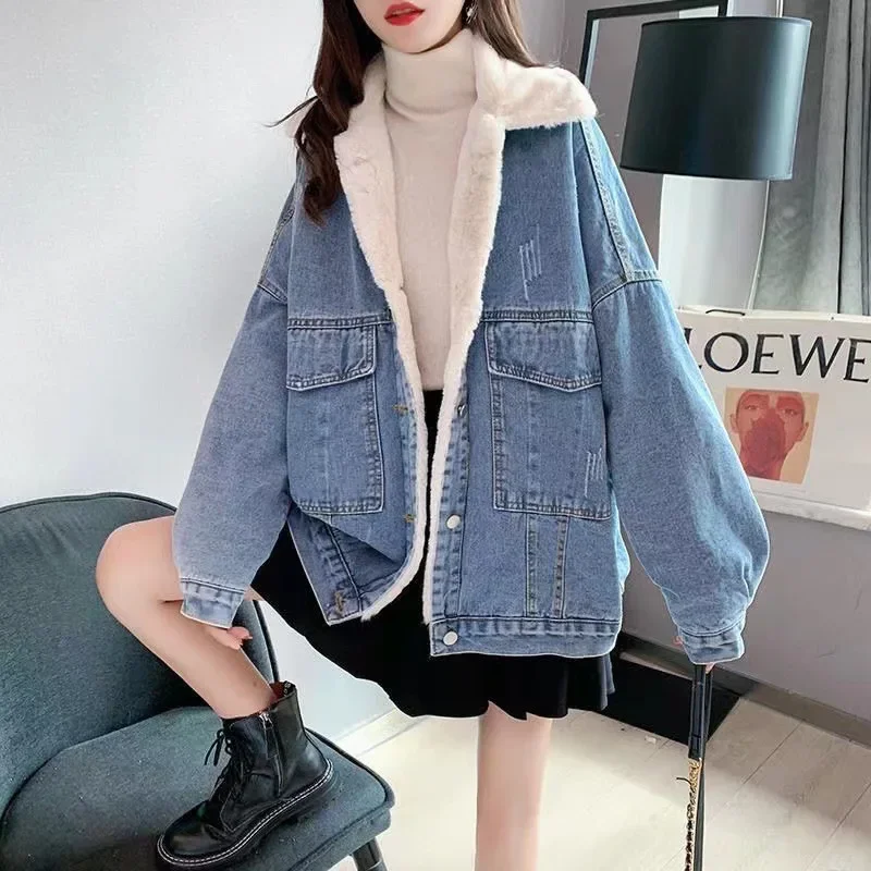 Lamb Wool Coats Vintage Denim Jacket for Women Autumn Winter 2024 Thicken Loose Casual Warm Single Breasted Pockets Outerwear
Lamb Wool Coats Vintage Denim Jacket for Women Autumn Winter 2024 Thicken Loose Casual Warm Single Breasted Pockets Outerwear