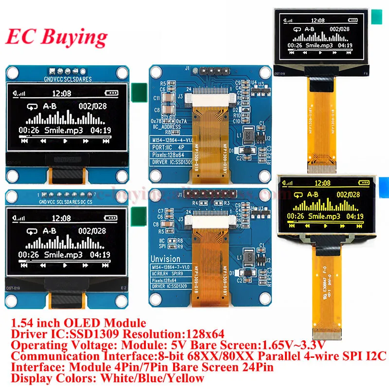 1.54 inch OLED Module 1.54” Display LCD Screen Resolution 12864 128x64 SSD1309 Driver Blue White Yellow 4Pin/7Pin IIC Interface
1.54 inch OLED Module 1.54” Display LCD Screen Resolution 12864 128x64 SSD1309 Driver Blue White Yellow 4Pin/7Pin IIC Interface