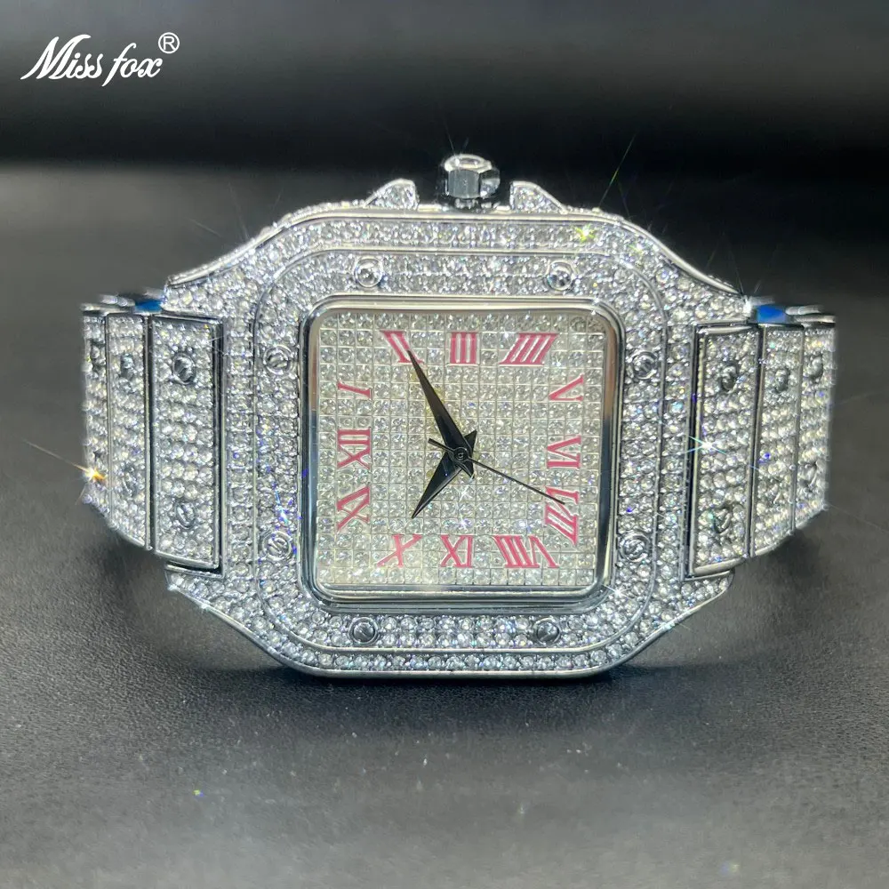 MISSFOX Iced Out Мужские часы с квадратным циферблатом и бриллиантами, розовый, синий номер, кварцевые роскошные наручные часы, римские часы, Relogio Masculino, Лидер продаж
MISSFOX Iced Out Мужские часы с квадратным циферблатом и бриллиантами, розовый, синий номер, кварцевые роскошные наручные часы, римские часы, Relogio Masculino, Лидер продаж