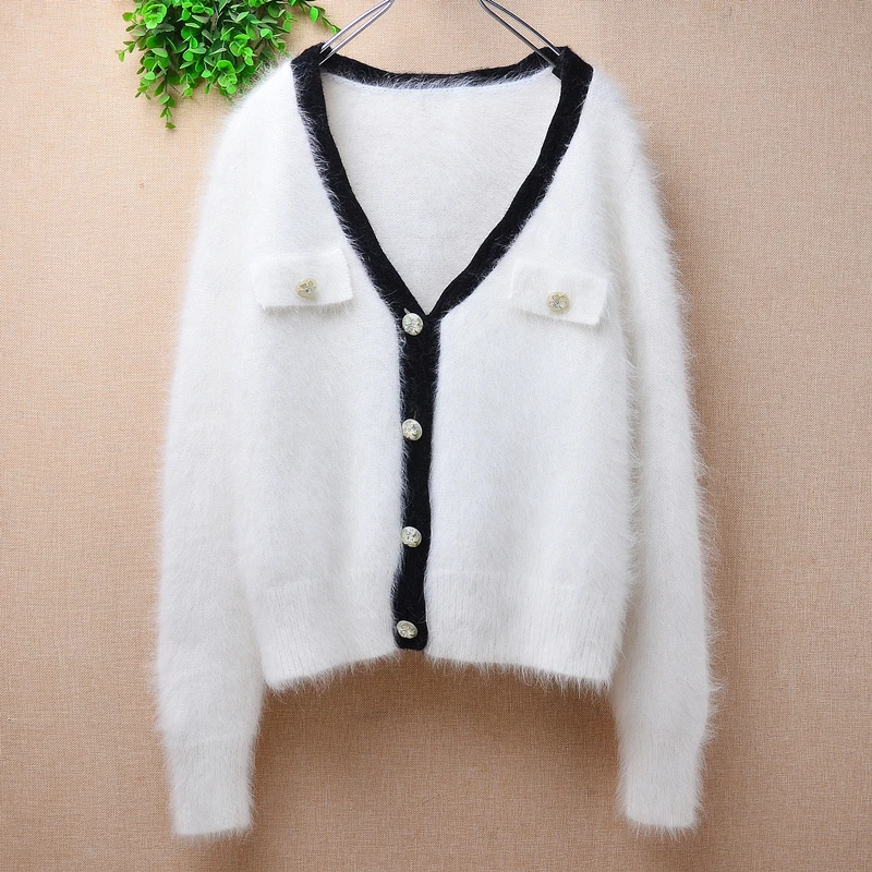 Ladies Women Fall Winter White Hairy Angora Rabbit Hair Knitted V-Neck Long Sleeves Crop Top Short Style Loose Sweater Jacket
Ladies Women Fall Winter White Hairy Angora Rabbit Hair Knitted V-Neck Long Sleeves Crop Top Short Style Loose Sweater Jacket