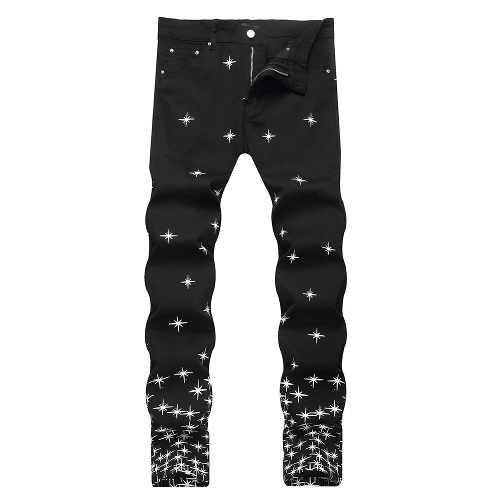 Men Stars Print Jeans Fashion Crossed Shape Pattern Painted Pants Slim Tapered Black Denim Trousers
Men Stars Print Jeans Fashion Crossed Shape Pattern Painted Pants Slim Tapered Black Denim Trousers