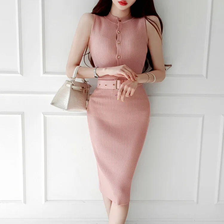 Knitting Dress Women Sexy Sheath Dresses Stand Collar Sleeveless Button Belt Knit Vestidos Office Lady 2025 Summer Sundress
Knitting Dress Women Sexy Sheath Dresses Stand Collar Sleeveless Button Belt Knit Vestidos Office Lady 2025 Summer Sundress