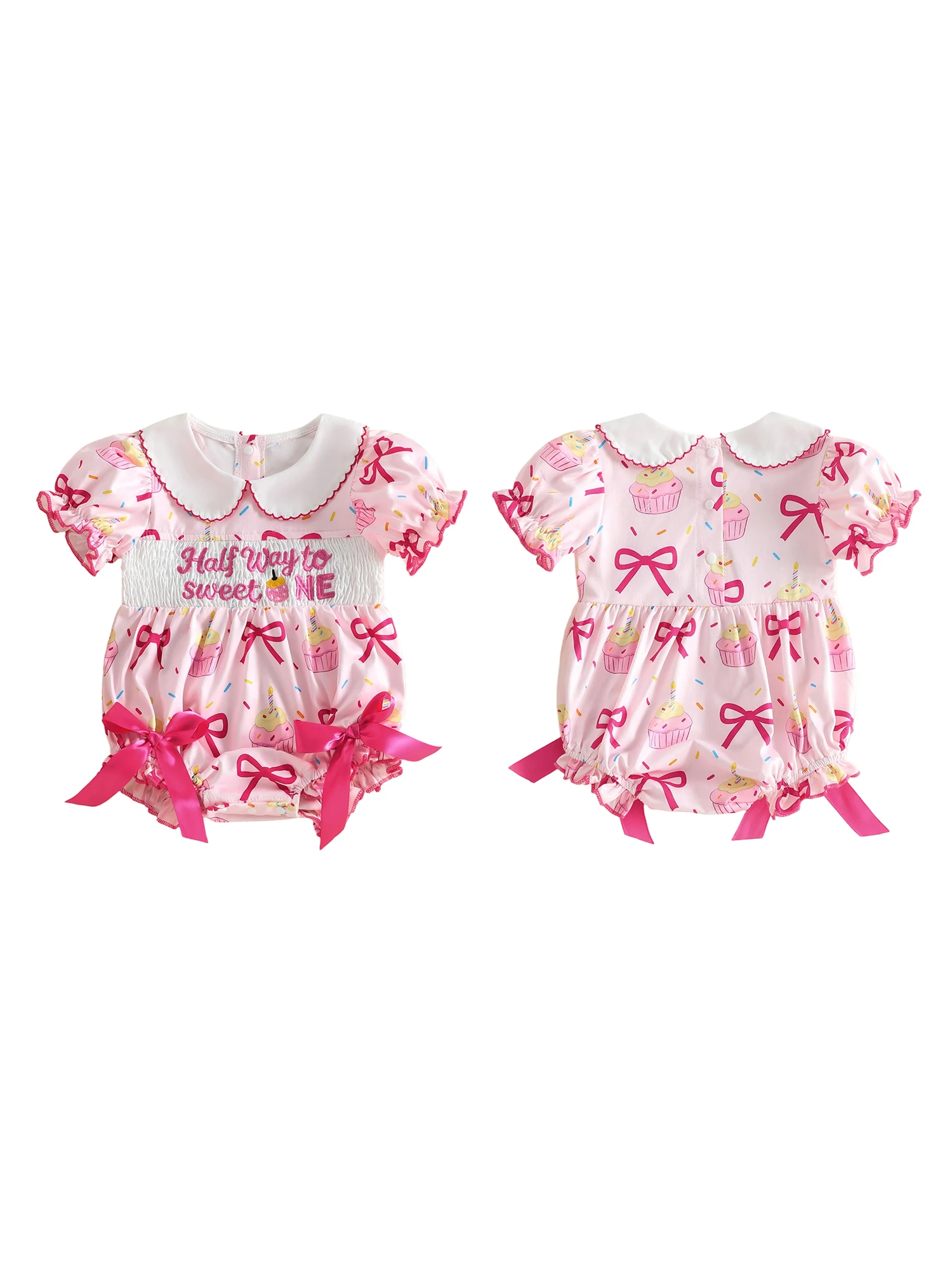 Sweet Baby Girl Half Birthday Romper with Floral Embroidery Ruffle Collar Flutter Sleeve Smocked Bubble Bodysuit for Summer
Sweet Baby Girl Half Birthday Romper with Floral Embroidery Ruffle Collar Flutter Sleeve Smocked Bubble Bodysuit for Summer