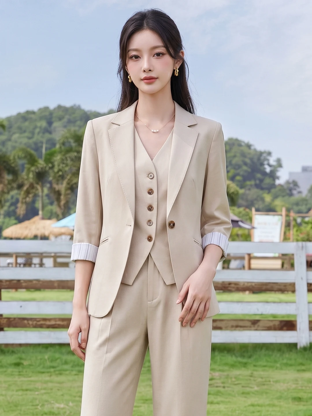 Khaki Color Women's Suit Set Casual Commute Seven-Quarter Sleeve Office Leisure Outerwear Fashionable Slim Fit Polyester Blend
Khaki Color Women's Suit Set Casual Commute Seven-Quarter Sleeve Office Leisure Outerwear Fashionable Slim Fit Polyester Blend