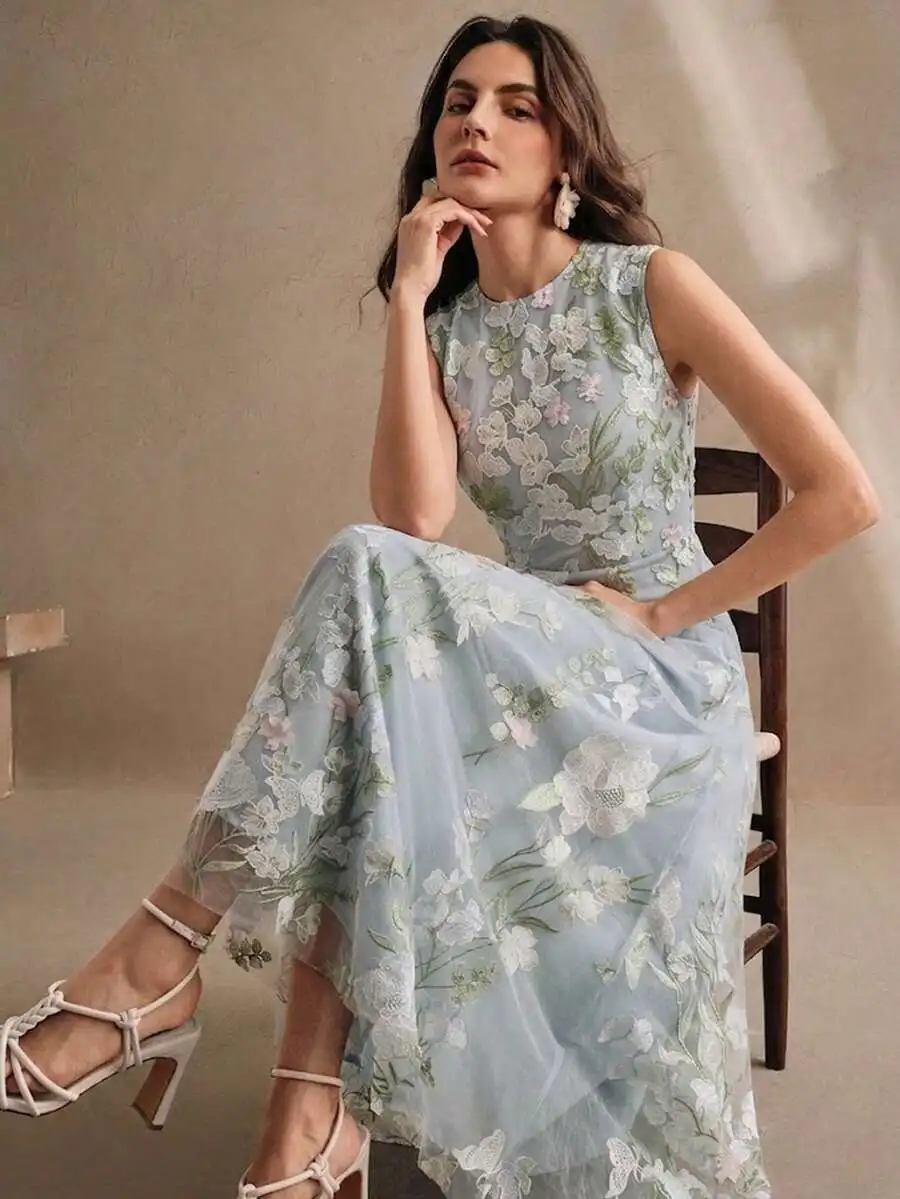Sleeveless Light Blue Maxi Dress With Intricate 3D Floral Embroidery, Perfect For Spring Summer Weddings, Vacations, Easter And
Sleeveless Light Blue Maxi Dress With Intricate 3D Floral Embroidery, Perfect For Spring Summer Weddings, Vacations, Easter And